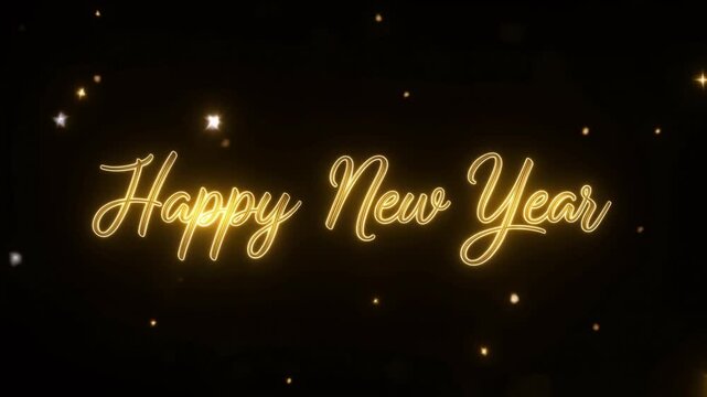 Slow motion static zoom of glowing happy new year neon sign with floating gold particles on dark background