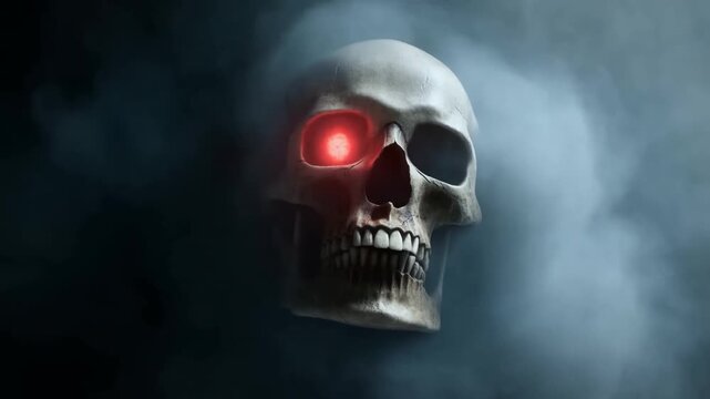 Slow dolly in of floating human skull with glowing red eye emerging from smoke in dark foggy background