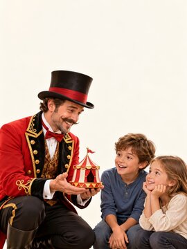 Smiling circus ringmaster showing a miniature tent to two curious children