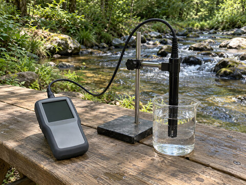 Conductivity probe in a water sample beside a stream