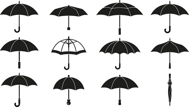 Black umbrella silhouettes collection featuring different types of open and closed parasols rain protection and weather vector elements