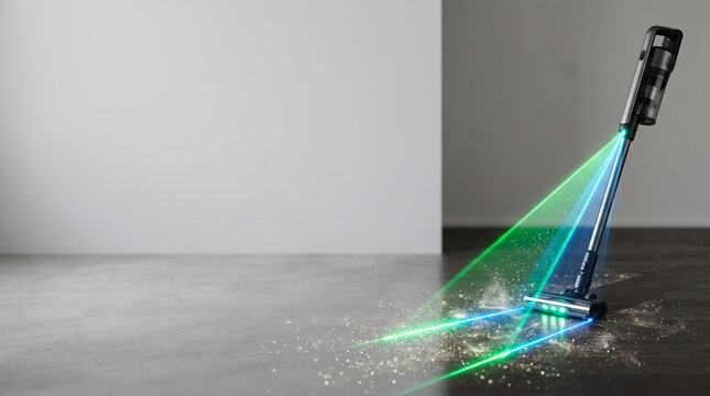 Vacuum cleaner with laser light illuminates dust particles on floor