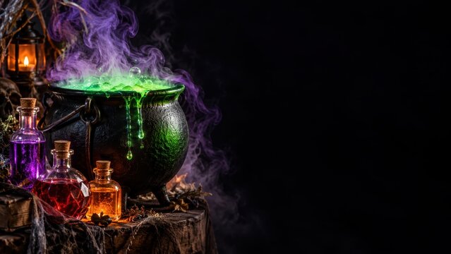 Dark mystical scene with glowing green potion boiling in black cauldron and colorful potion bottles on table