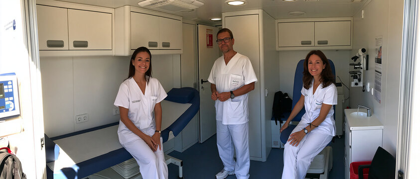 Three healthcare professionals in a mobile clinic, ready to serve. Two women in scrubs are seated, and a man in medical attire stands between them, with medical equipment in the background