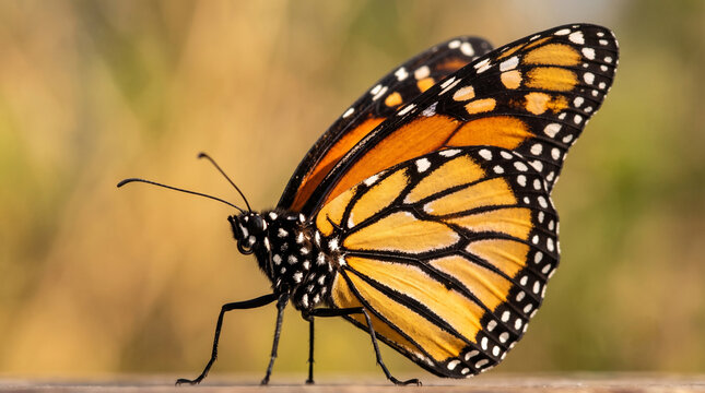 Close up of beautiful monarch butterfly displaying vivid orange black and white patterned wings, delicate insect in natural sunlight, pollinator wildlife macro photography with soft blurred golden bac