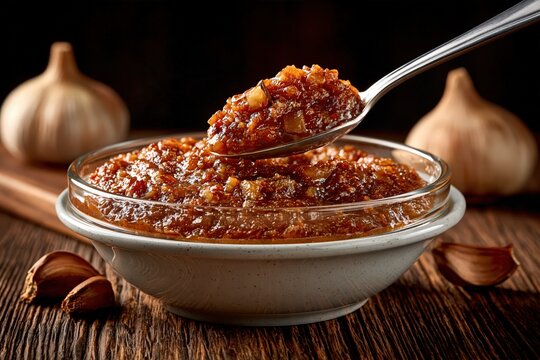 Garlic chutney spoon in bowl savory condiment dark rustic background