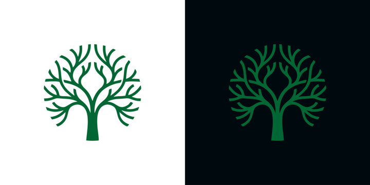 Abstract circular green tree branch logo icon template isolated on white and dark background
