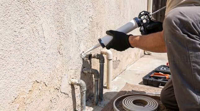 Technician applies sealant around exterior wall gaps and utility pipes during practical building maintenance, in a modern workplace