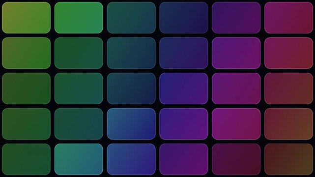 A colorful grid of rounded rectangular tiles arranged in five rows and seven columns against a solid black background.