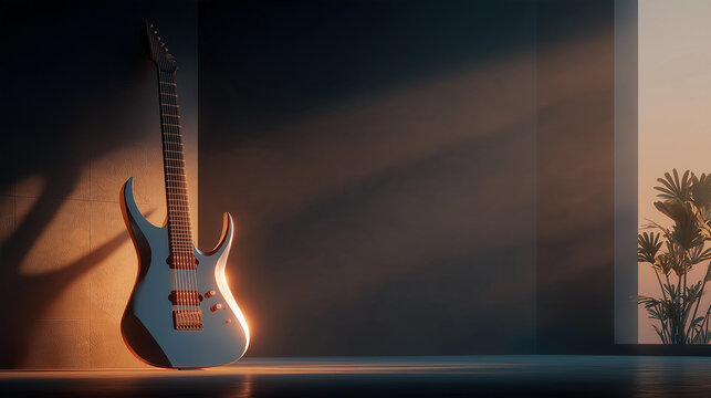 Electric Guitar in Solitude: A sleek electric guitar rests against a shadowed wall, bathed in ethereal sunlight streaming through a window.