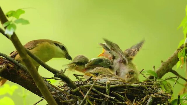 Pair of adult birds feeding their hungry chicks with an insect in a twig nest on a tree branch against a blurred green nature background