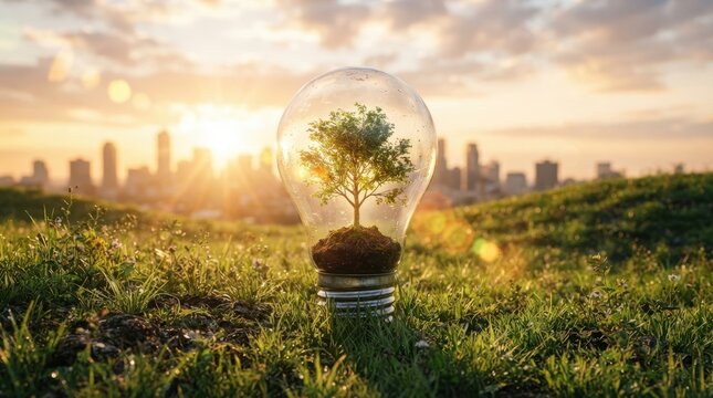 Tree growing inside light bulb on grassy hill with cityscape at sunset photography