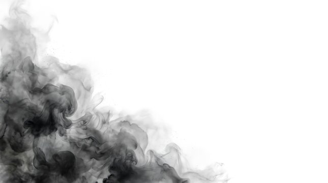 Abstract background texture featuring thick swirling black smoke flowing from the bottom left corner isolated on a clean pure white backdrop