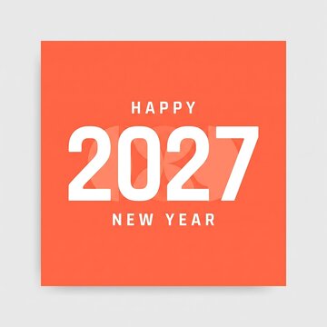 Minimalist square graphic design featuring the text Happy New Year 2027 in white bold typography set against a bright coral orange background