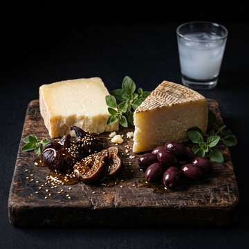 Greek Aegean Platter: An artfully arranged selection of Greek cheeses, featuring a block of barrel-aged Kasseri and a wedge of salty Graviera. Accompaniments: honey-drizzled dried figs, Kalamata olive