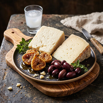 Greek Aegean Platter: An artfully arranged selection of Greek cheeses, featuring a block of barrel-aged Kasseri and a wedge of salty Graviera. Accompaniments: honey-drizzled dried figs, Kalamata olive