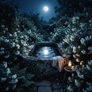 Midnight garden bath. A weathered stone tub outdoors under a full moon. Moonbeams hitting the water, surrounded by white night-blooming jasmine. Ethereal, dark blue tones,