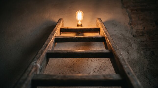 Single vintage light bulb illuminating old wooden ladder in dim underground setting