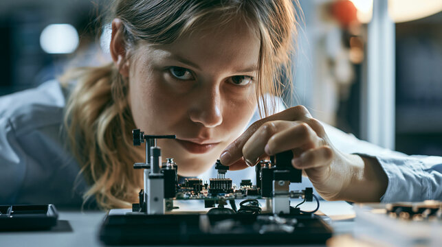 An adult electronics assembler presses a small unbranded connector into a circuit board socket held in a stable fixture at a bright electronics assembly bench. Real commercial