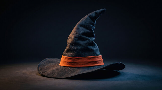 A dark black witch hat with an orange band stands upright on a mysterious black background, casting a soft shadow.