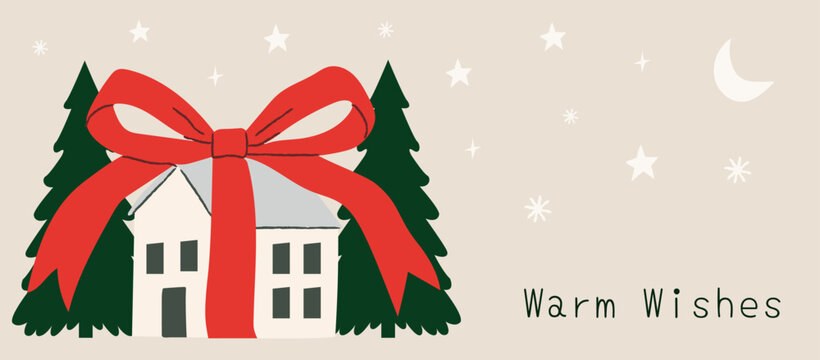 Hand drawn Christmas horizontal banner template. Coquette retro festive illustration featuring house with ribbon bow, pine trees and stars for holiday web header.