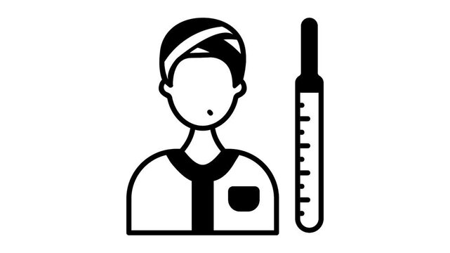 worried and unwell person standing beside thermometer with high temperature reading animation, battling viral infection animated video, feeling under the weather motion graphics