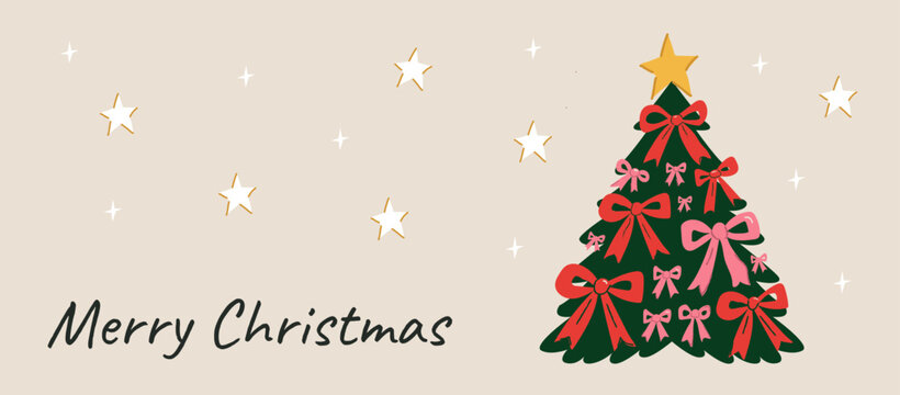 Hand drawn Merry Christmas horizontal web header template. Coquette retro festive banner. Whimsical Christmas tree decorated with ribbon bows and stars for holiday background. 