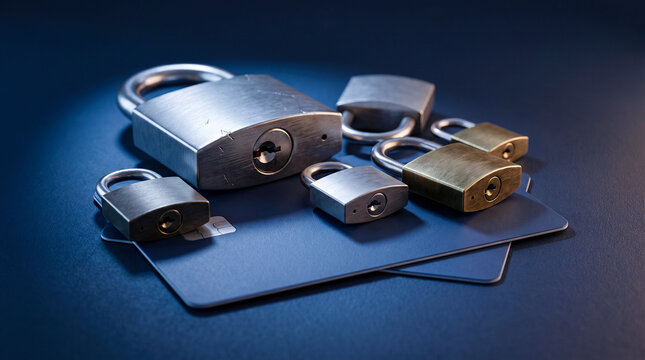 Metal padlocks secure blue plastic credit card resting on dark surface representing financial protection data safety and prevention against online cyber theft.