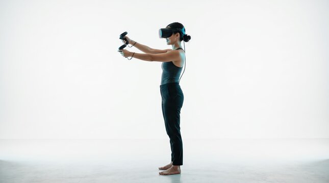 Woman playing virtual reality game standing in white studio, immersive gaming experience using VR headset and motion controllers for interactive entertainment and digital sports