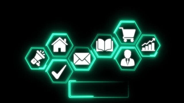 Franchise business concept neon hexagon infographic animation with icons