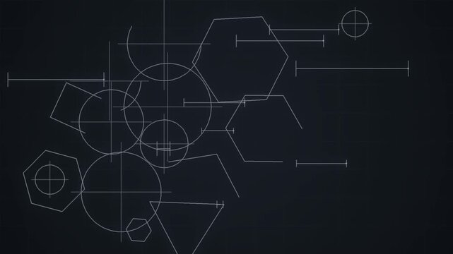 Technical blueprint construction lines and dimension marks draw themselves over a dark slate grid