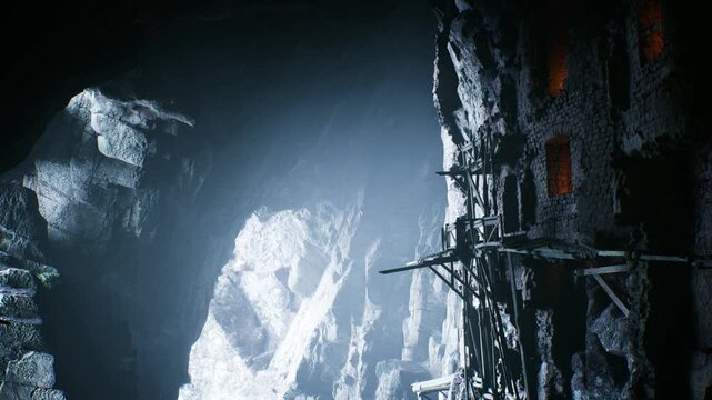 Sunlight Pierces Mystery Cave With Old Wooden Structures Inside