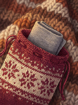  Red knitted drawstring pouch illustration with folded gray sock on chunky wool background
