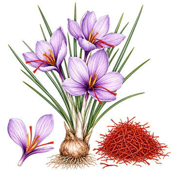 Detailed botanical illustration of saffron crocus plant with purple flowers, green grass-like leaves, corm bulb, single flower dissection, and dried red saffron threads on white background