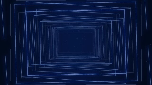 Rectangular light frames rush toward the camera down a blue data tunnel in a seamless loop