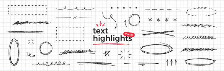 Obraz na płótnie Canvas Hand drawn scribble highlights. Black pen texture doodle set on notebook paper. Round and oval bubbles to highlight text. Thin rough line. Sketchy underlines and arrows elements. Vector illustration