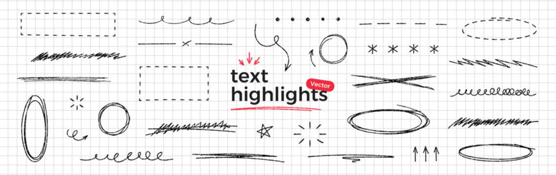 Hand drawn scribble highlights. Black pen texture doodle set on notebook paper. Round and oval bubbles to highlight text. Thin rough line. Sketchy underlines and arrows elements. Vector illustration