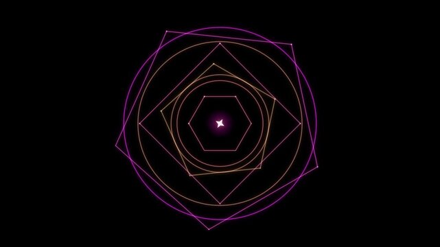 Purple neon geometric shapes form a looping abstract pattern on black background