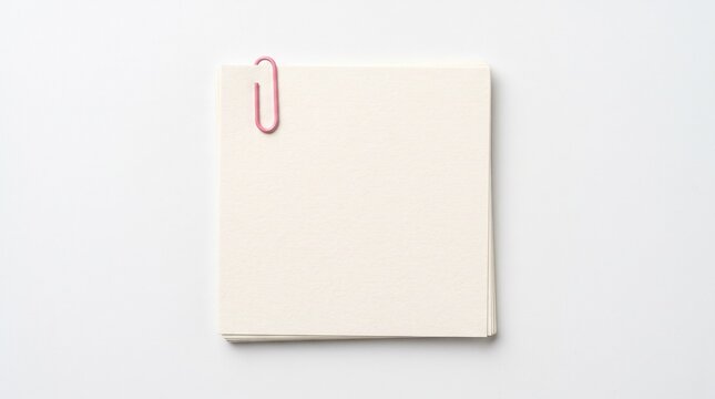 Minimalist top-down view of a stack of blank white sticky notes held by a vibrant red paperclip on a clean background, ideal for office organization and creative memo concepts