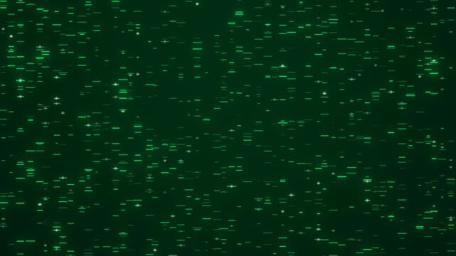 Columns of abstract dash marks scroll downward like a machine readout on a dark green screen
