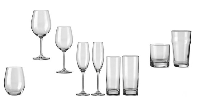 Glassware Barware Different glasses isolated on transparent or white background generative ai
