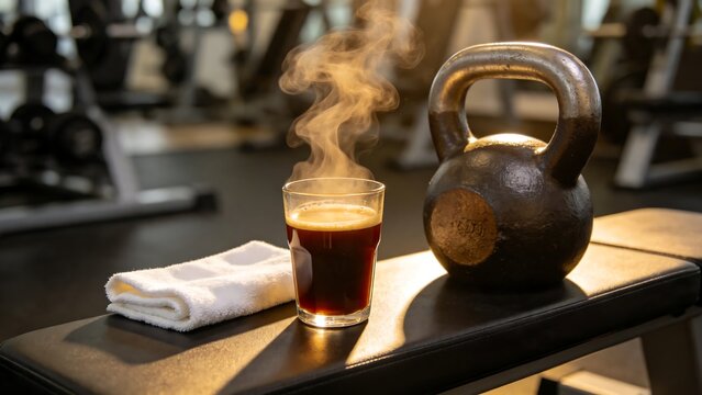 Hot steaming espresso coffee cup with a kettlebell and towel on a gym bench, fitness and energy pre-workout concept