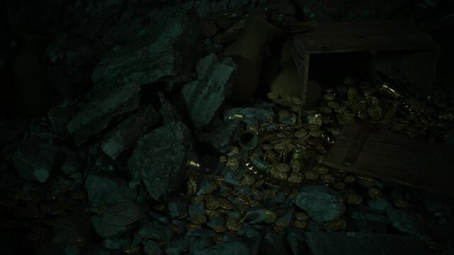 Discover A Hidden Treasure Chest, Gold Coins Scattered On Dark Rocks