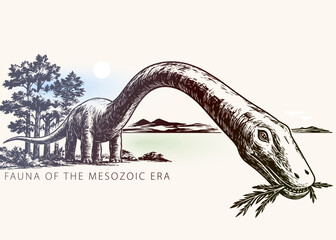 Sauropod Dinosaur Eating Plant in Landscape, Engraving Style Illustration © Федор Целуйко