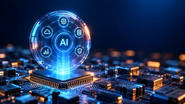 Glowing circular artificial intelligence interface with cloud data and security icons hovering over a computer microchip
