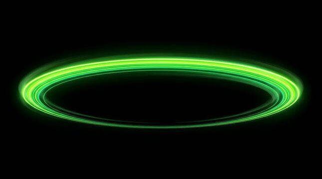 Abstract glowing green neon light ring, circular portal or energy vortex effect, futuristic digital design element on black background
