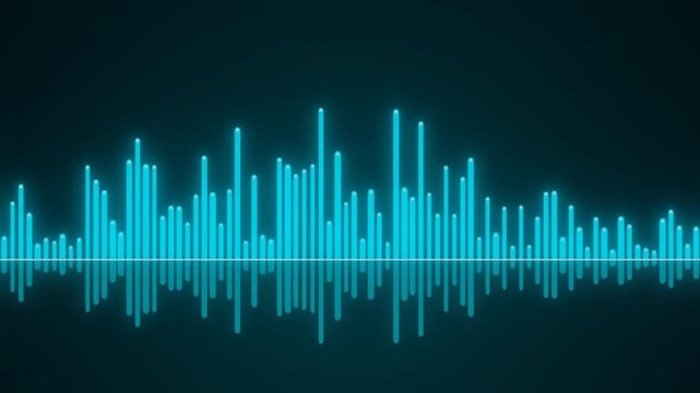 Audio spectrum analyzer bars rise and fall with a mirrored reflection on a dark cyan background