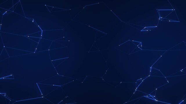 Connected node network with data packets travelling along the links over deep blue with clear center space