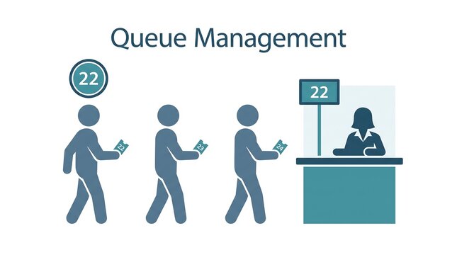 Queue management vector graphic showing customers waiting in line at bank service counter