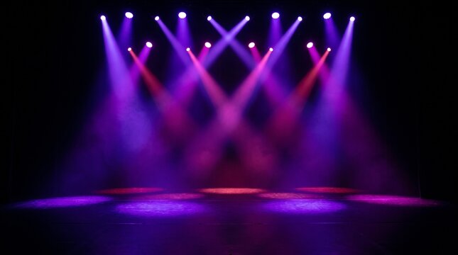 abstract of empty stage with purple colorful spotlights or Several bright projectors for scene lighting effects . can be used for display or montage your products